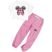 ARTMINE Girls' 2 Piece Outfits Casual Drawstring Jogger Pants and Loose Crop Top Set, 6-14 Years