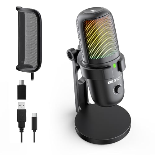 Retekess TG201 USB Microphone for Gaming, PC Microphone with RGB Switchable for Computer&Laptop, Condenser Mic Plug&Play, Qiuck Mute, 2 Pickup Modes, Desk Mic for Gaming, Podcast, Singing, Streaming