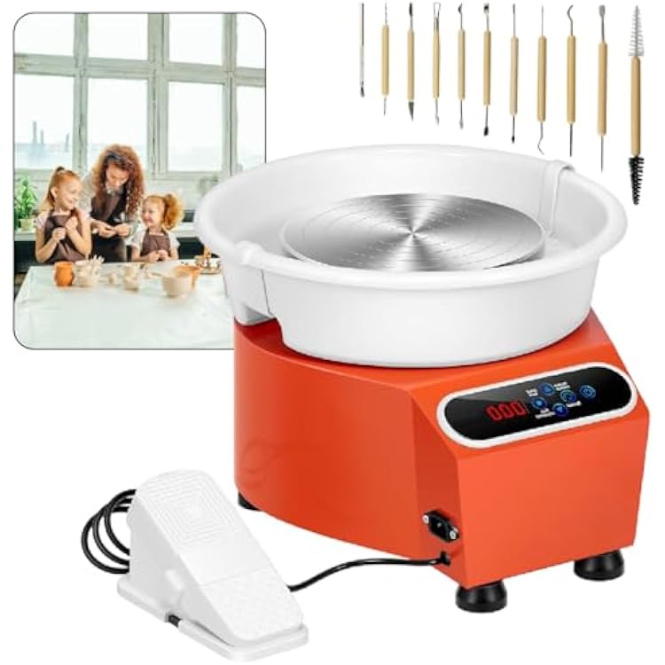 Electric Pottery Wheel with Foot Pedal and Tools, DIY Ceramic Clay Art Craft Kit for Adult Beginners and Hobbyists Orange 220V