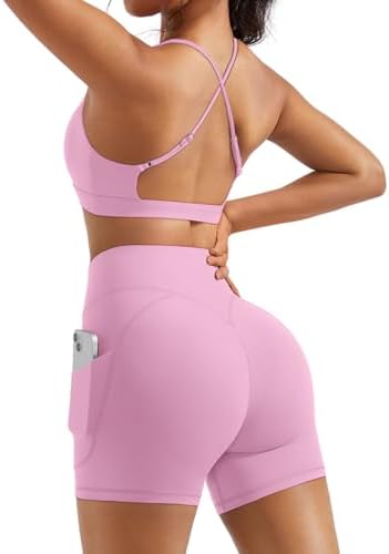 OMKAGI 2 Piece Workout Sets for Women Open Back Padded Sports Bras Booty Shorts with Pockets Gym Outfits