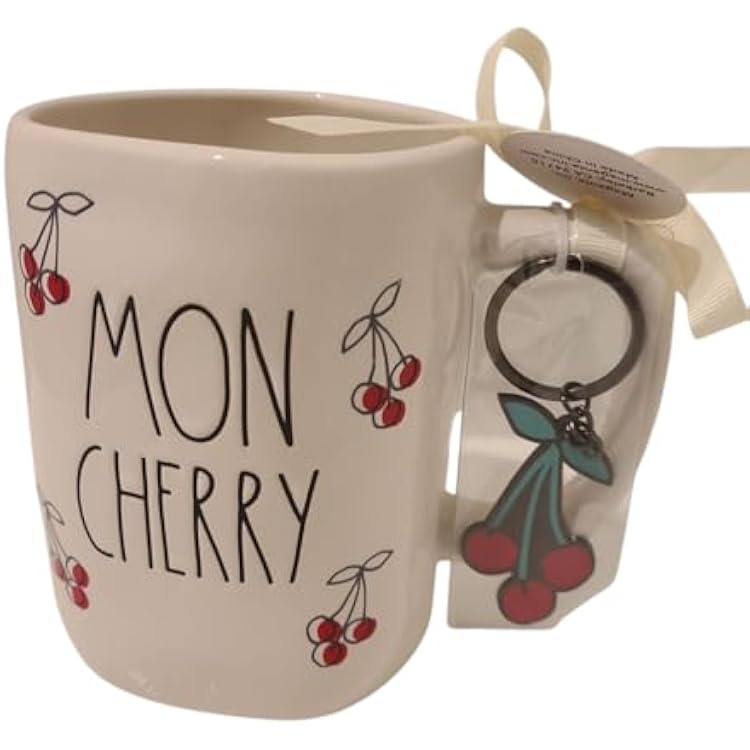 Rae Dunn Mon Cherry Ceramic coffee mug with cherry keychain. Limited edition summer mug.
