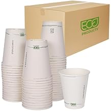 ECO PRODUCTS Compostable Disposable GreenStripe 8oz Coffee Cups, Case of 1000, White Single Wall Hot Paper Cup, Plant Based PLA Lining, Biodegradable