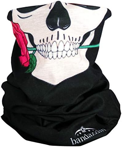 Biker Sugar Skull Mask Neck Gaiter for Women Riders - Half Face Skeleton Rose Seamless Bandana for Sun, Dust Protection - Rave Festival Tube Scarf Motorcycle Headwear