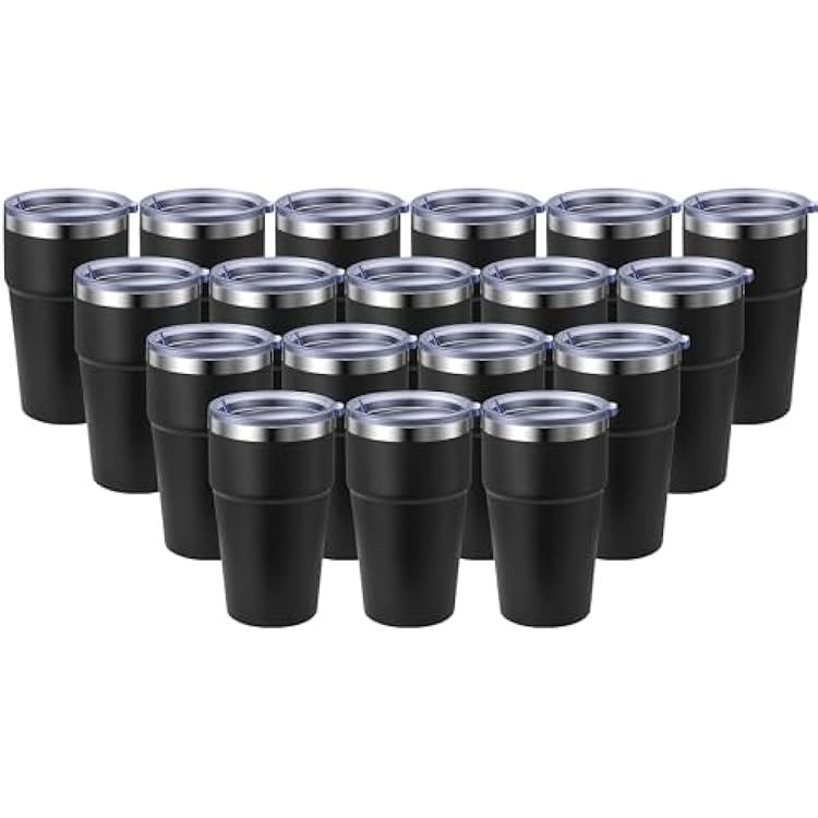 MEWAY 16oz Tumbler Double Wall Vacuum Insulated Travel Mug Bulk, Stainless Steel Tumblers with Lid, Powder Coated Coffee Cups for Cold & Hot Drinks Black,18 Pack Pack