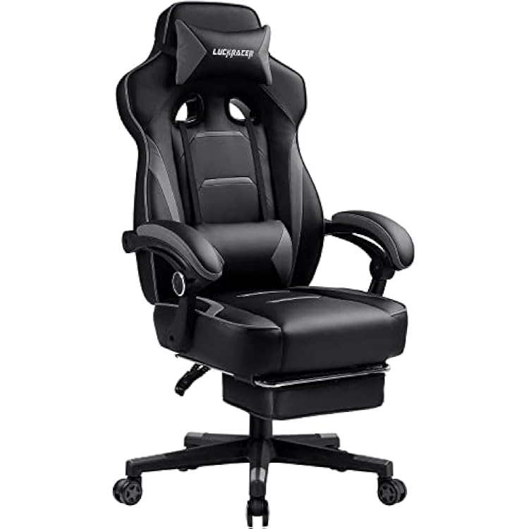 LUCKRACER Gaming Chair with Footrest Office Desk Chair Ergonomic Gaming Chair Pu Leather High Back Adjustable Swivel Lumbar Support Racing Style E-Sports Gamer Chairs Gray