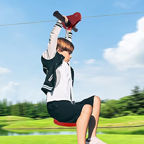 160FT Zipline Kit for Kid - Zip Wire Kit with 1.6m Stainless Steel Spring Brake and Zip Wire Seat Zip Line Cable Trolley Pulley to Bring Colorful Fun Slackline Kit for Kids and Teens Outdoor