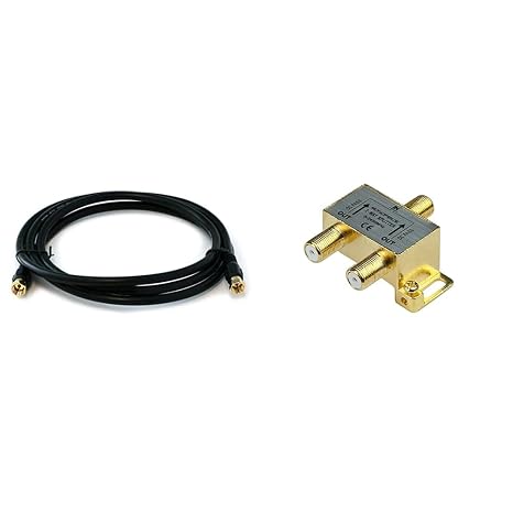 Monoprice 6ft Black Quad Shield RG6 Coaxial Cable with F Connector and 110013 Premium 2-Way Coax Cable Splitter for TV Antenna