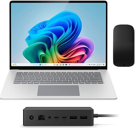 Microsoft Surface Laptop Copilot+ PC 15" Touchscreen Snapdragon X Elite Processor 16GB RAM 256GB SSD, Arc Mouse, and Surface Dock (Surface Dock 2, Black Mouse)