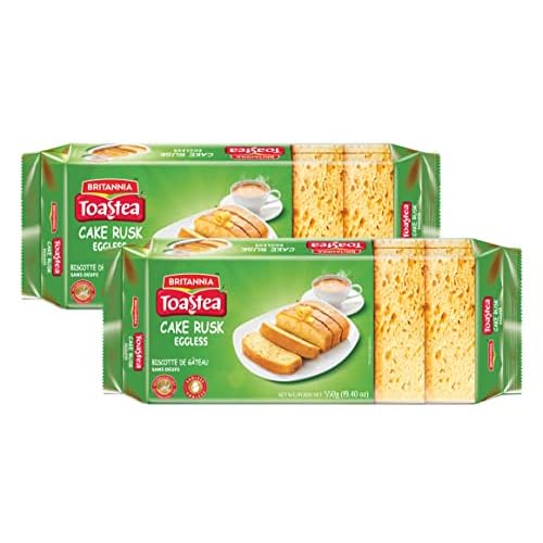 Britannia Toastea Eggless Rusk Cake 19.40oz 550g - Delightfully Smooth, Soft, and Delicious Breakfast & Tea Time Snacks Suitable for Vegetarians Pack of 2