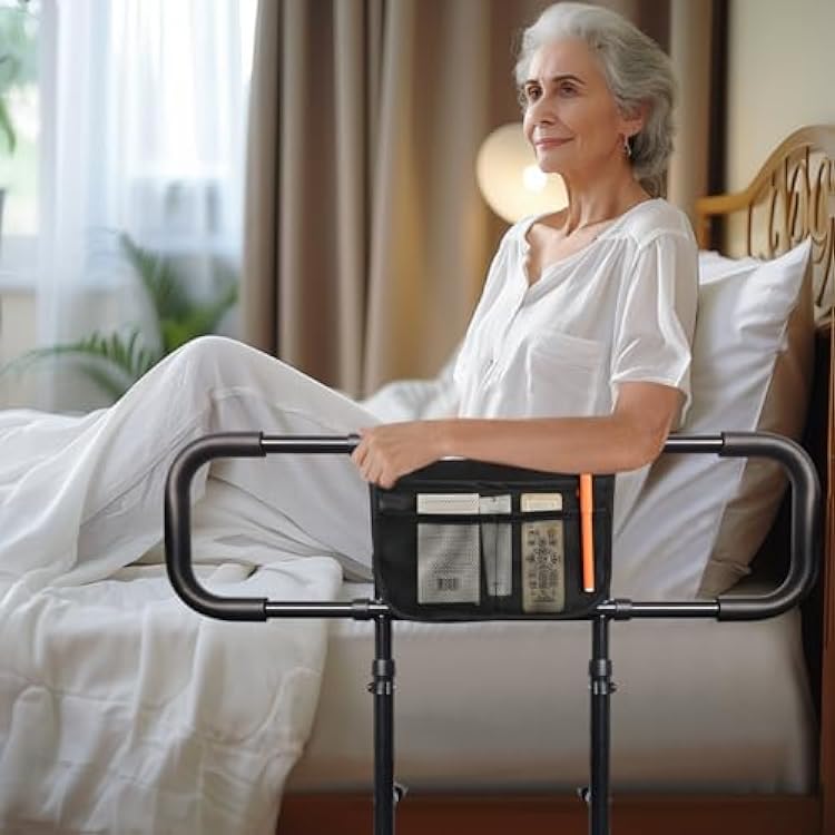 AOHHL Bed Rails for Elderly Adults Safety with Adjustable Heights Storage Pocket Assist Support Side Railings for Seniors Citizens Slides Under Mattressbed Cane Bed Guard Bed Handles Bars Black