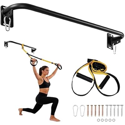 Heavy Duty Wall Mount Pull Up Bar with Adjustable Nylon Resistance Straps, Full Welded Reinforced Carbon Steel Bar for Indoor Outdoor Home Gym Full Body Strength Training