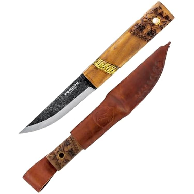 Condor Tool & Knife Indigenous Puukko Knife - 1095 High Carbon Steel - Hand Crafted Welted Leather Sheath - Polynesian and Sami Designed Walnut Handle - 3.9in Blade - 4.6oz 3mm