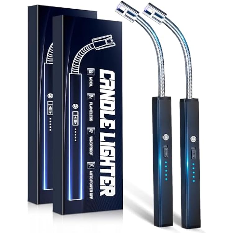 Electric Lighter for Candle USB Rechargeable - 2 Pack Stocking Stuffers for Men Women Upgraded Plasma Arc Lighter with LED Display Flameless Safety Lock Long Lighter for Grill Cooking Camping