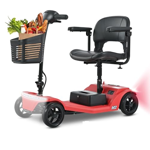 Mobility Scooter for Adults Seniors 350 lbs Heavy Duty,Foldable All Terrain 4 Wheels Electric Powered Mobile Scooter for Travel,Lightweight and Portable,wLED Headlights and Basket,15 Miles,Red