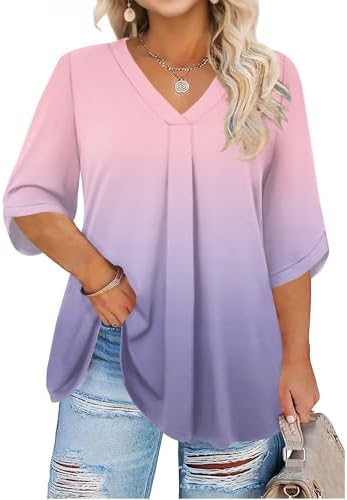 Womens Plus Size Tops 34 Sleeve V Neck T Shirts Loose Fit Three Quarter Length Blouses Dressy Casual Tunic Tops