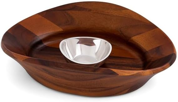 Nambe Ripple Chip and Dip Server | 16 Inch Acacia Wood Appetizer Platter Alloy Dip Bowl | For Guacamole, Nachos, Chips, and Salsa | Appetizer and Snack Serving Tray