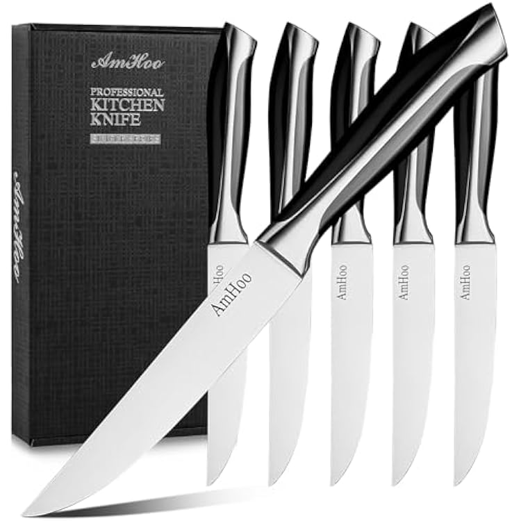 AmHoo Steak Knives Set of 6 Non Serrated 5-inch High Carbon Stainless Steel Ultra Sharp ABS Handle