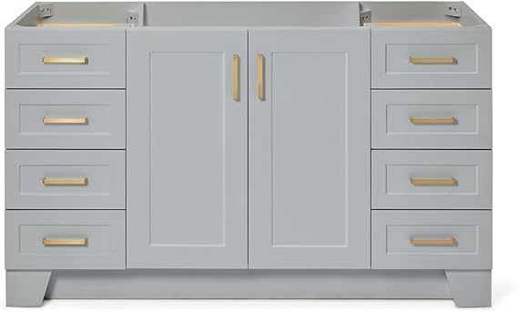 DKB Emilia 60-Inch Grey Single Bathroom Vanity Base Cabinet, Solid Wood Frame, 2 Soft Closing Doors, 9 Dovetail Drawers, Toe Kick, Satin Brass Hardware, No Top or Sink