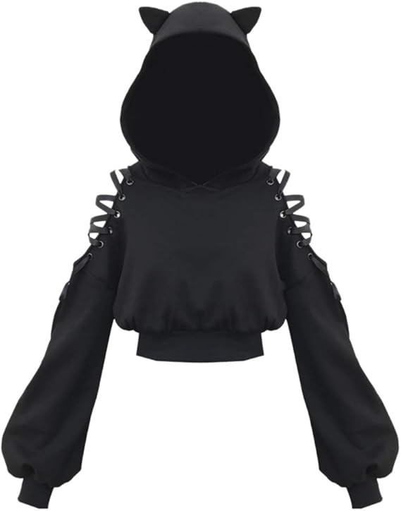 Women Cat Ear Hoodies Long Sleeve Off Shoulder Cute Crop Top Pullover Hoodie Sweatshirt