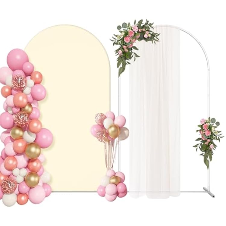 Wedding Arch Backdrop Stand with Arch Cover Spandex,7.3Ft Metal Balloon Arch Stand Frame for Wedding Birthday Party Baby Shower Bridal Banquet Decoration, Beige