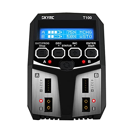 SKYRC T100 5A 2X50W Dual Balance Charger 100W AC100-240V with XT60 Plug for 2-4S LiPoLiIonLifeLiHV Battery RC Car Boat FPV Racing Drone Quadcopter