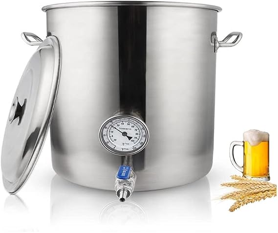 AIZYR 19L/30L/45L/60L/95L Stainless Steel Beer Brew Kettle with Thermometer Lid and Ball Valve Brewer Pot Soup Barrel Mash Tun for Home Brewing,19.7inch/95L
