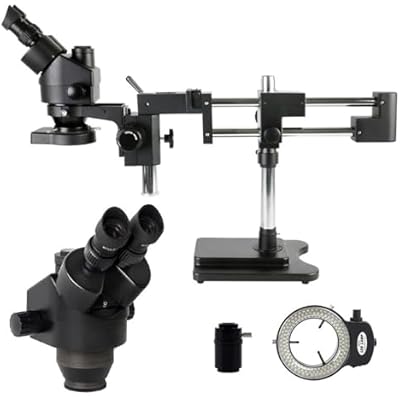 Lab Microscope Slides 7X-45X Simul Focal Parfocal Stereo Trinocular Microscope wDouble Arm Rotating Boom Heavy Duty Stand for Industrial Inspection Microscope PartsBlack