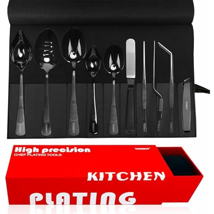 Chef Plating Tools Culinary Set, Plating Tools Tweezers Scoop Set, Professional Chef Stainless Steel Plating Set, 11-Piece Black,Leather Bag