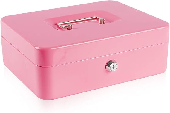 KYODOLED Large Metal Cash Box with Money Tray and Lock,Money Box with Cash Tray,Cash Drawer,9.84"x 7.87"x 3.54" Pink Large