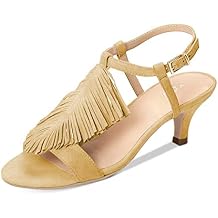 YDN Women Kitten Heel Fringes Slingback Sandals Open Toe Ankle Strap Dress Shoes with Buckle