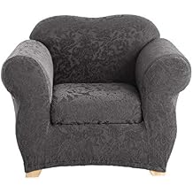 SureFit Stretch Jacquard Damask Box Cushion Chair Two Piece Slipcover, Form Fit, Polyester/Spandex, Machine Washable, Gray