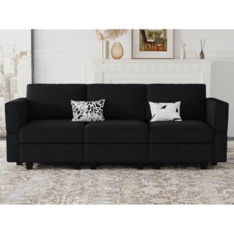 Belffin Modular Sofa Couch with Storage Seats Velvet 3 Seater Sofa for Living Room Black