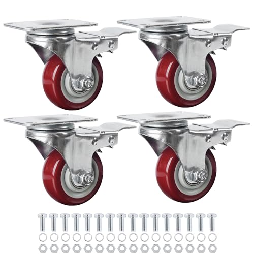 Finnhomy 3 Inch Caster Wheels Set of 4 with Brake Heavy Duty Plate Swivel Casters Premium Polyurethane Wheels PU Load Bearing 2,200 Lbs Lockable Anti-wear Smooth Casters Red