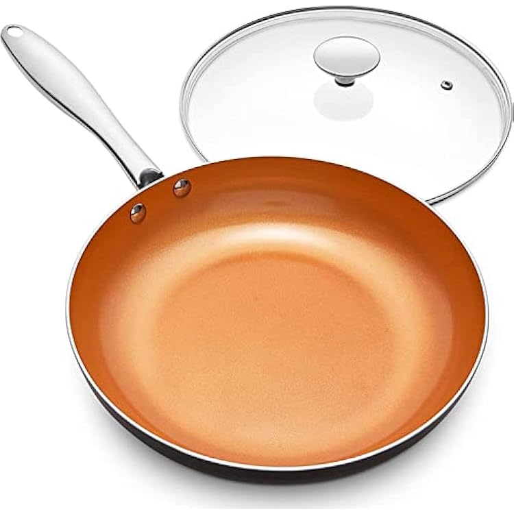MICHELANGELO 12 Inch Frying Pan with Lid, Nonstick Copper Frying Pan, Non Stick Ceramic Skillet with Lid, Large Copper Pan Non-Stick, Induction Compatible