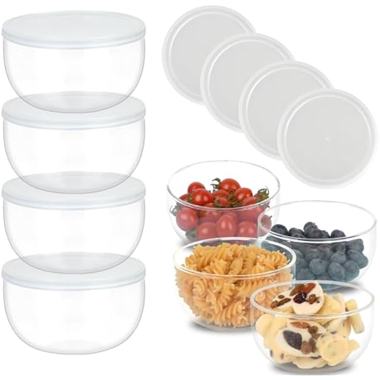 11oz Small Cute Glass Dessert BowlsCups with Lid, Glass Bowl for Dessert Snack Rice Side Dishes, Dip Bowl, Perfect for Dessert, Ice Cream, Fruit, Salad, Snack, Condiment, Trifle, Set of 4