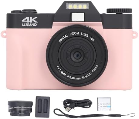 5K Digital Camera for Photography Video Auto Focus Anti-shake 48MP Vlogging Camera 3 180 Degree Folding Screen 16X Digital Zoom Travel Camera (PINK)