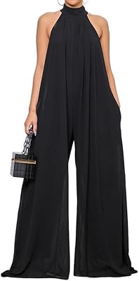 Women’s Sexy Summer Jumpsuit Halter Neck Sleeveless Chiffon Wide Leg Long Pant Loose Jumpsuit with Pockets Color : Black, Size : Medium