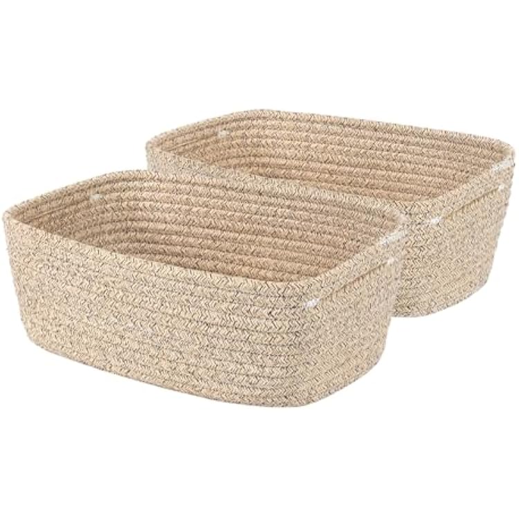 Small Woven Basket - 13 x 8.5 x 5.1 Cute Storage Bins, Handwoven Multi-Purpose Storage Solution Decorative Organizer Baskets for Home, Office, Laundry, and Bathroom, 2 Pack, Brown