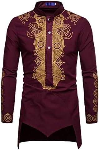 Long Sleeve Mens African Dashiki Button Down Shirt Traditional Printed Caftan Shirt Tunic Ethnic Tops Slim Fit Pullover