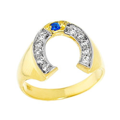 Mens 14k Yellow Gold Blue Sapphire and White Diamond Lucky Horseshoe Ring