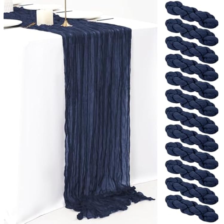 12 Pack 10Ft Navy Blue Cheesecloth Table Runner 35 x 120 inch Boho Gauze Cheese Cloth Table Runner Vintage Rustic Sheer Runners for Wedding Bridal Shower Birthday Party Cake Table Decorations