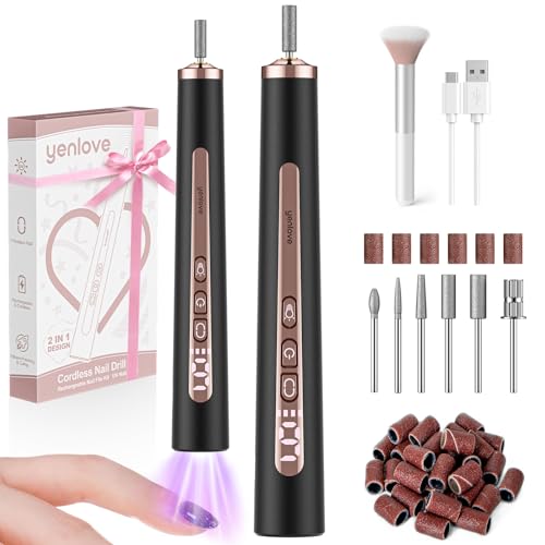 Cordless Nail Drill, 9 Speed Electric Nail File with UV Nail Lamp: Professional for Acrylic Gel Dip Powder Nails Manicure Portable Nail Filer Machine Kit for Pedicure Rechargeable Lightweight