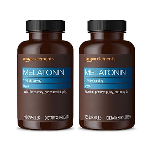 Amazon Elements - Melatonin 5mg Capsules, Helps with Occasional sleeplessness, Vegan, Unflavored, 195 Count (Pack of 2), 6 Month Supply (Packaging May Vary)