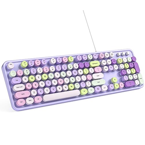 MOWUX Computer Keyboard Wired, Plug and Play USB Retro Round Typewriter Keyboard, Full Size Wired Keyboard with Foldable Stands for Laptop and Office PC- Purple Colorful