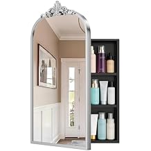 soges Bathroom Medicine Cabinet with Mirror, Wall Mounted/Recessed Carved Bathroom Medicine Cabinet with Floral Design, Metal Frame Vanity Mirror with 2 Removable Shelves, 24x16 inch, Silver