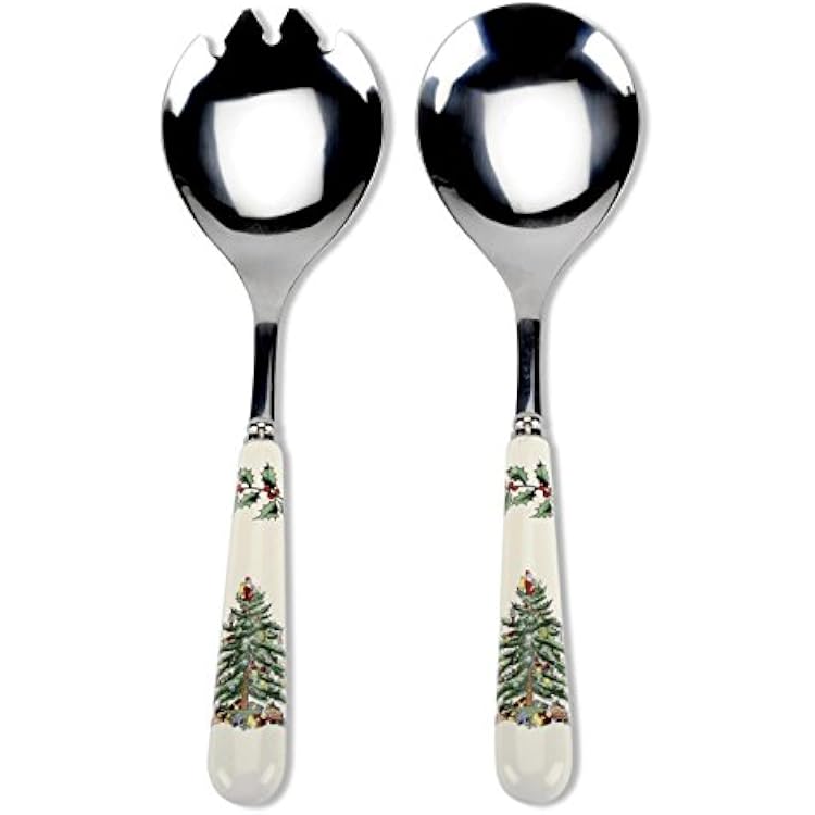 Spode Christmas Tree Salad Server Set 2-Piece - 10 Inch Stainless Steel with Porcelain Handles, Festive Flatware for Holiday Dining - Dishwasher Safe, Seasonal Entertaining & Gift-Giving