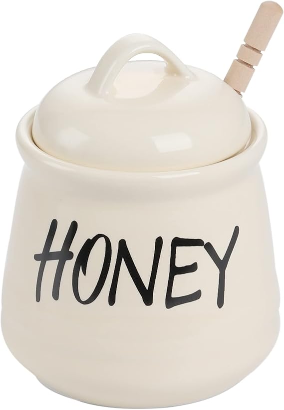Porcelain Honey Jar with Lid and Honey Dipper 12oz (Beige)