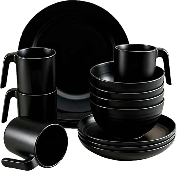 20PCS Plastic Dinnerware Sets, Unbreakable and Reusable Light Weight Plates Mugs Bowls Dishes Easy to Clean, Great for Home, Garden, Picnic, Camping, Outdoor (Black)