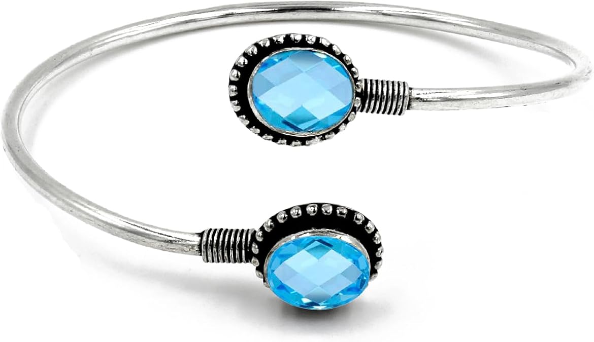 Blue Topaz Gemstone Adjustable Fashion Bracelet For Women Ethnic Modern Design Silver Plated Cuff Bracelet Handmade Designer Party Jewelry December Birthstone