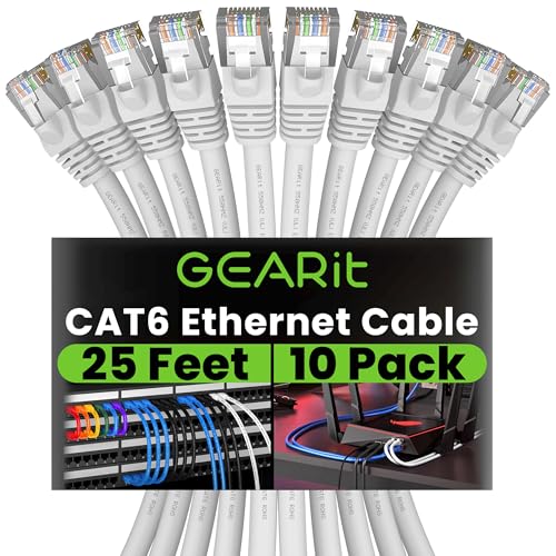 GEARit Cat 6 Ethernet Cable 10-Pack 25 Feet Cat6 Network Patch, 10Gbps, RJ45, Snagless Cord, Gold-Plated Connectors, Internet for PC, TV, Tablet, Router, Printer, Servers, IT Data Center - White